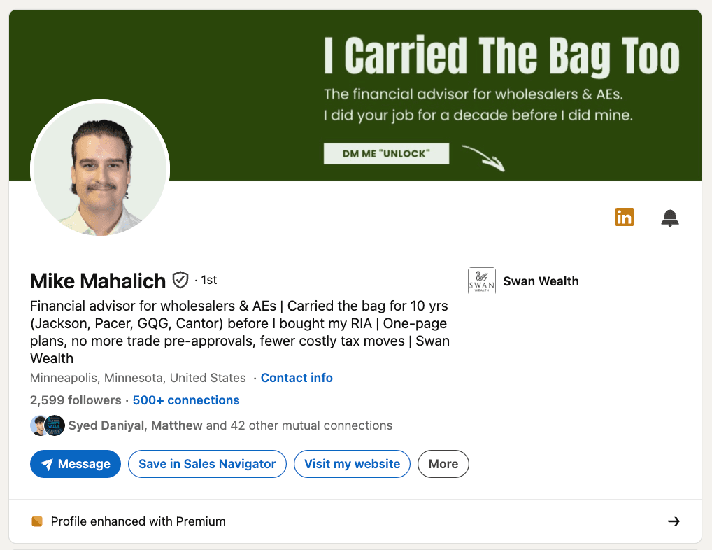 Mike's revamped LinkedIn profile — new headline, banner, and About