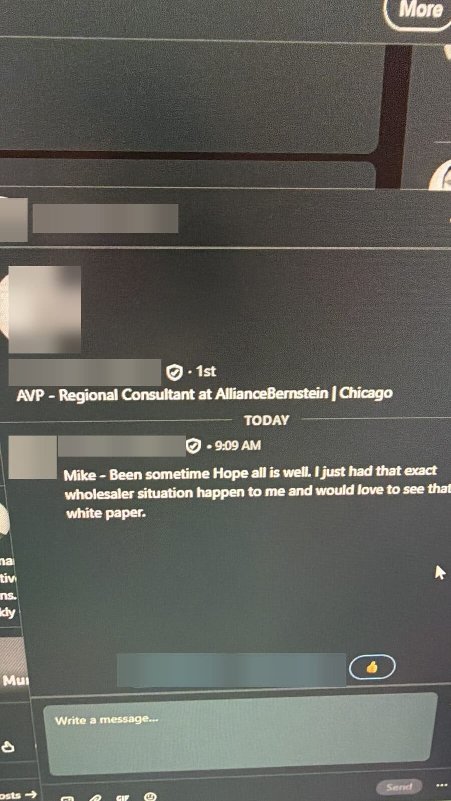 A regional consultant asking Mike for the white paper from his clawbacks post
