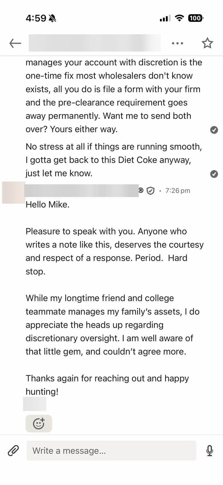 A CFP replying respectfully to a cold DM from Mike
