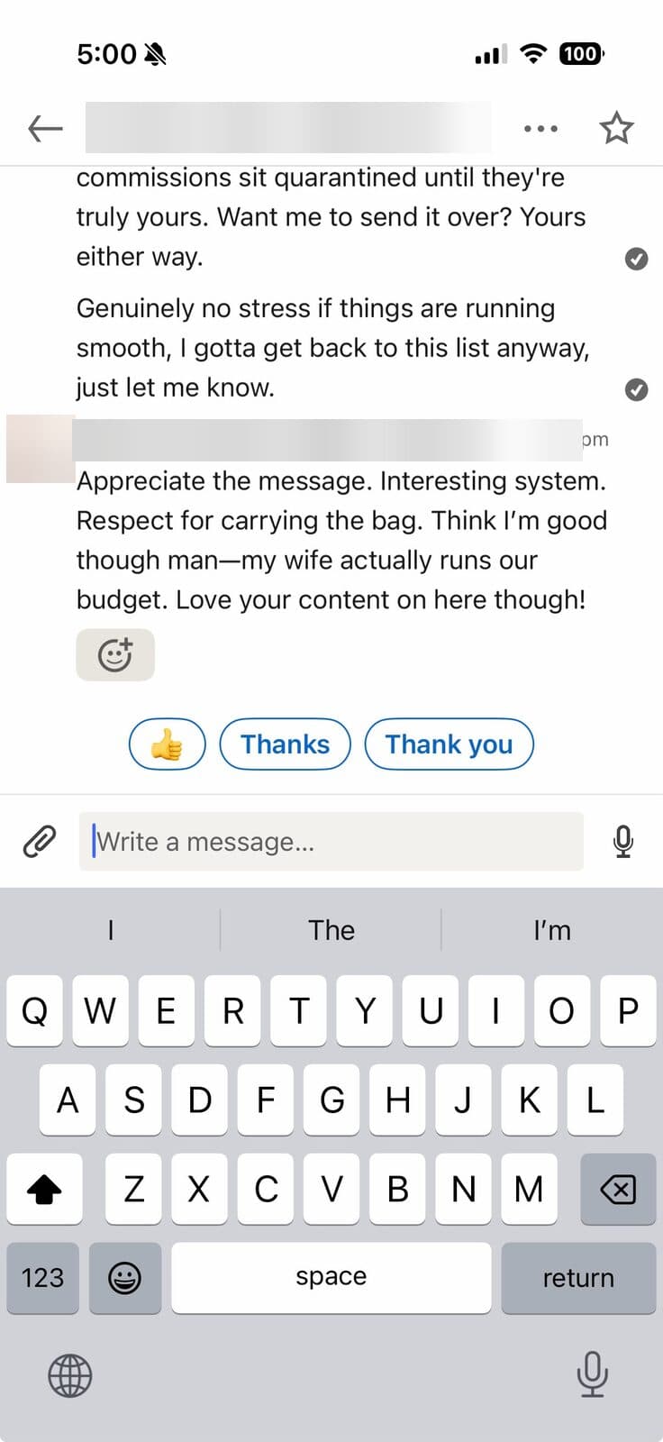 A wholesaler replying "Respect for carrying the bag"