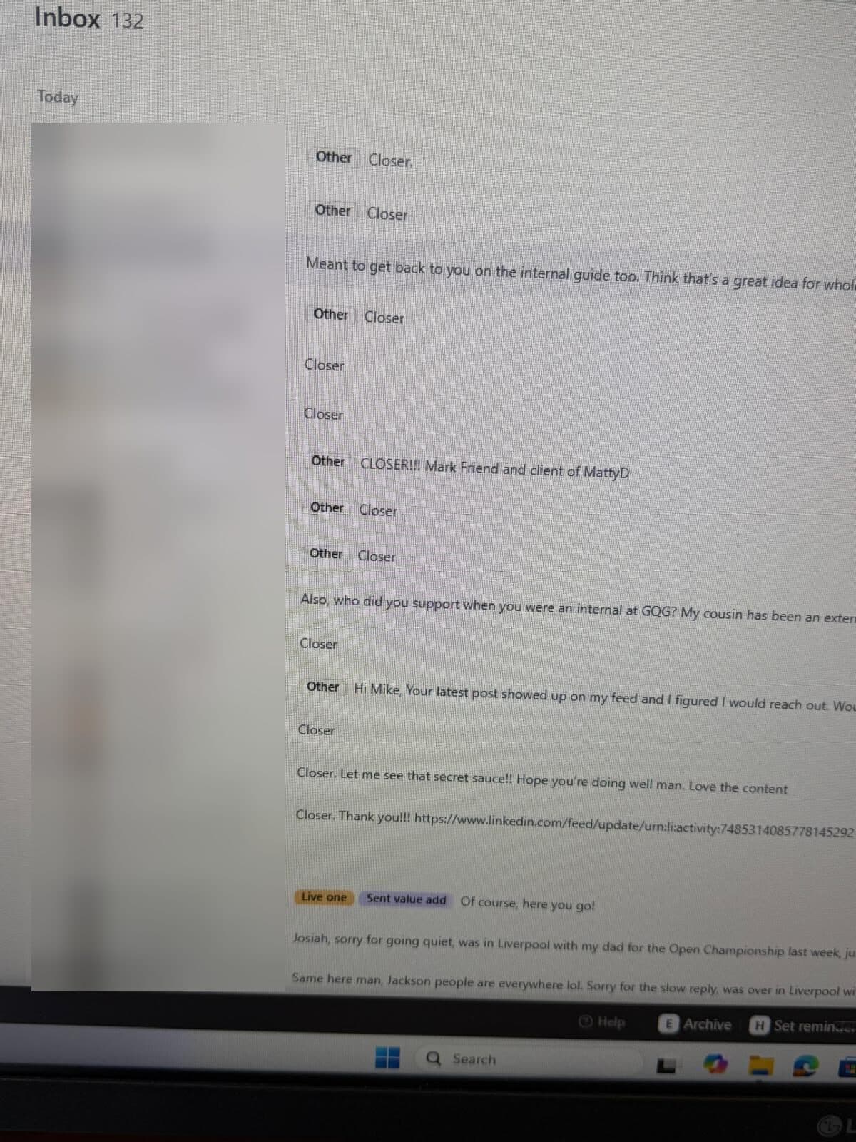 Mike's LinkedIn inbox full of "Closer" replies to one post
