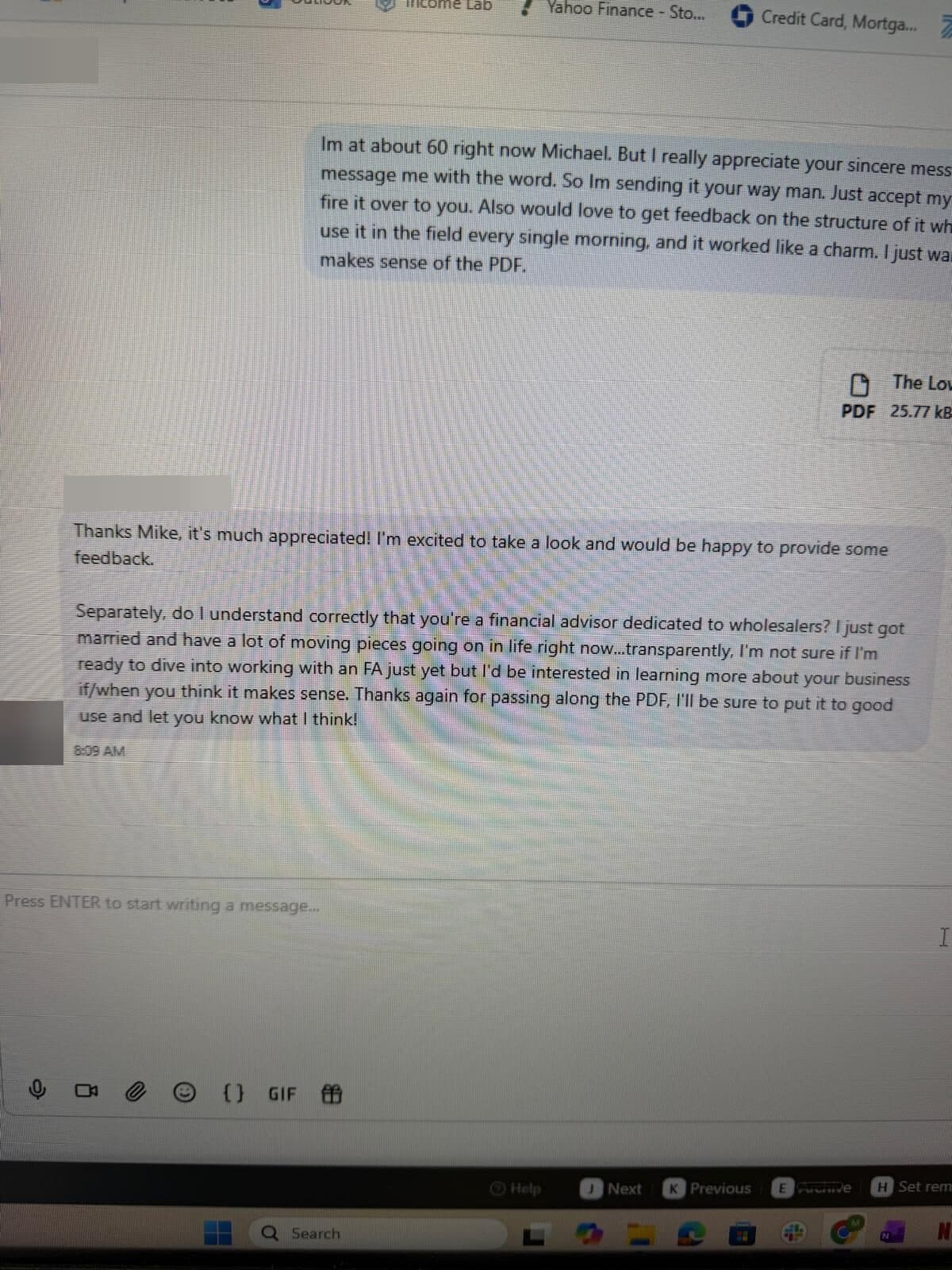A prospect asking whether Mike is a financial advisor for wholesalers