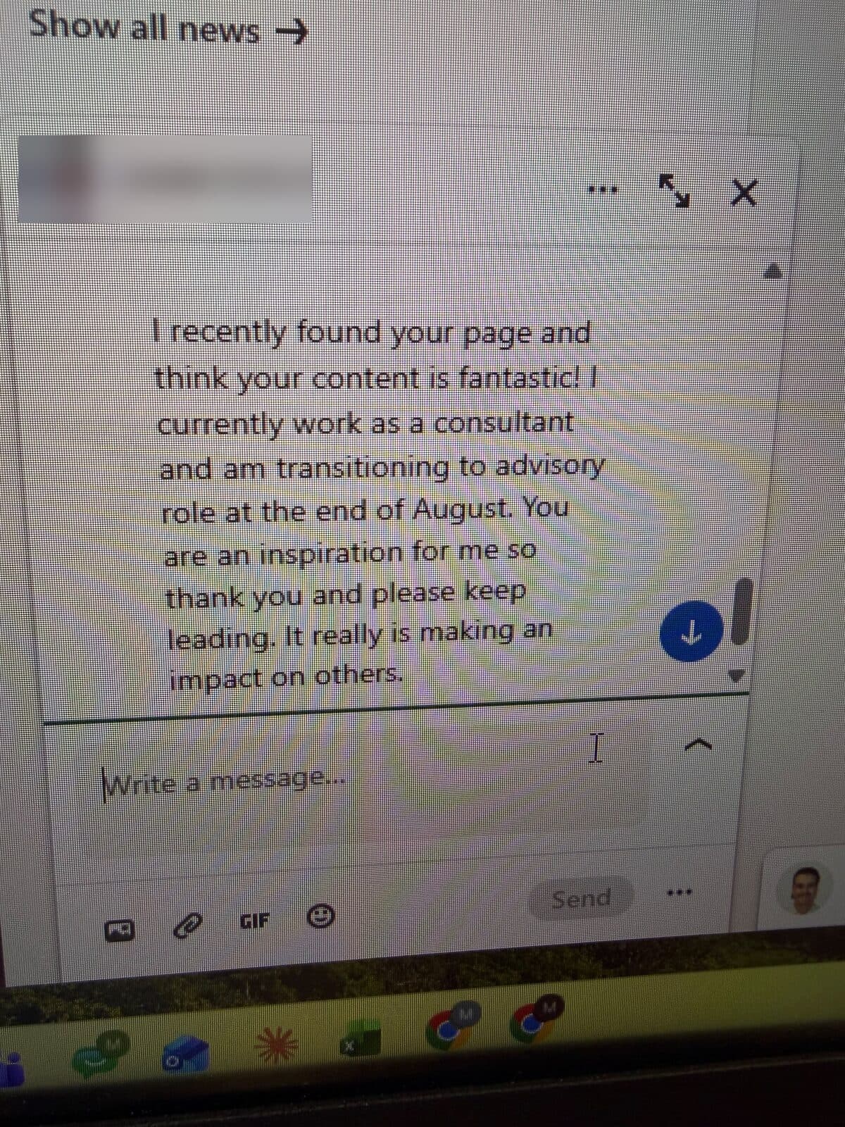 An unprompted inbound message praising Mike’s content